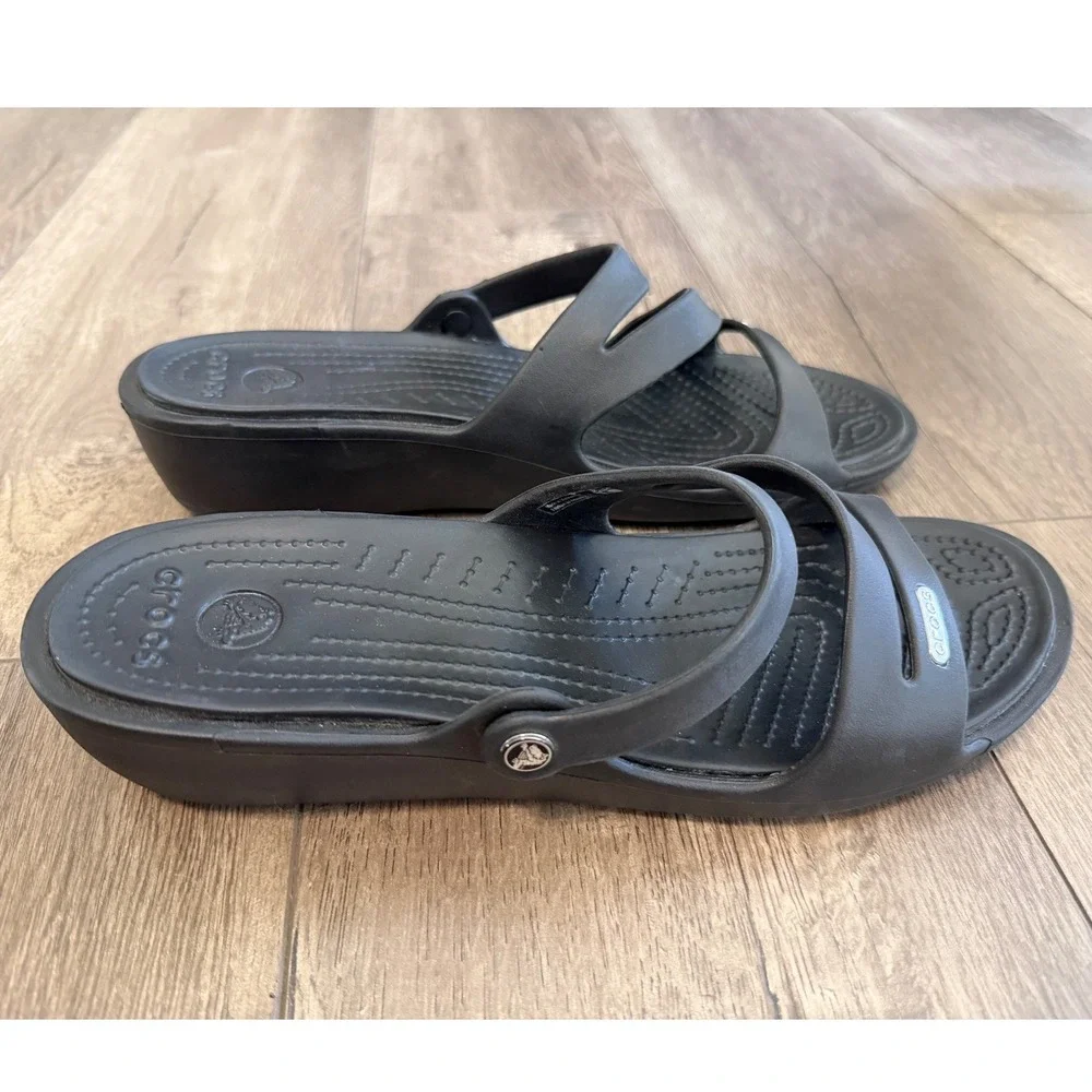 Crocs Patricia Wedge Sandals Womens Size 11 Black Strappy Comfort Shoes